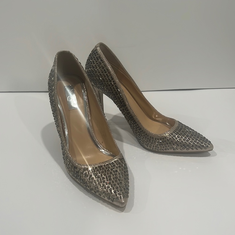 Jessica Simpson tan and sliver 4 inch heels